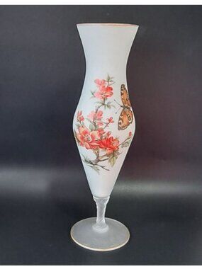 Bristol Glass Vase White Satin With Butterfly And Flowers Vintage